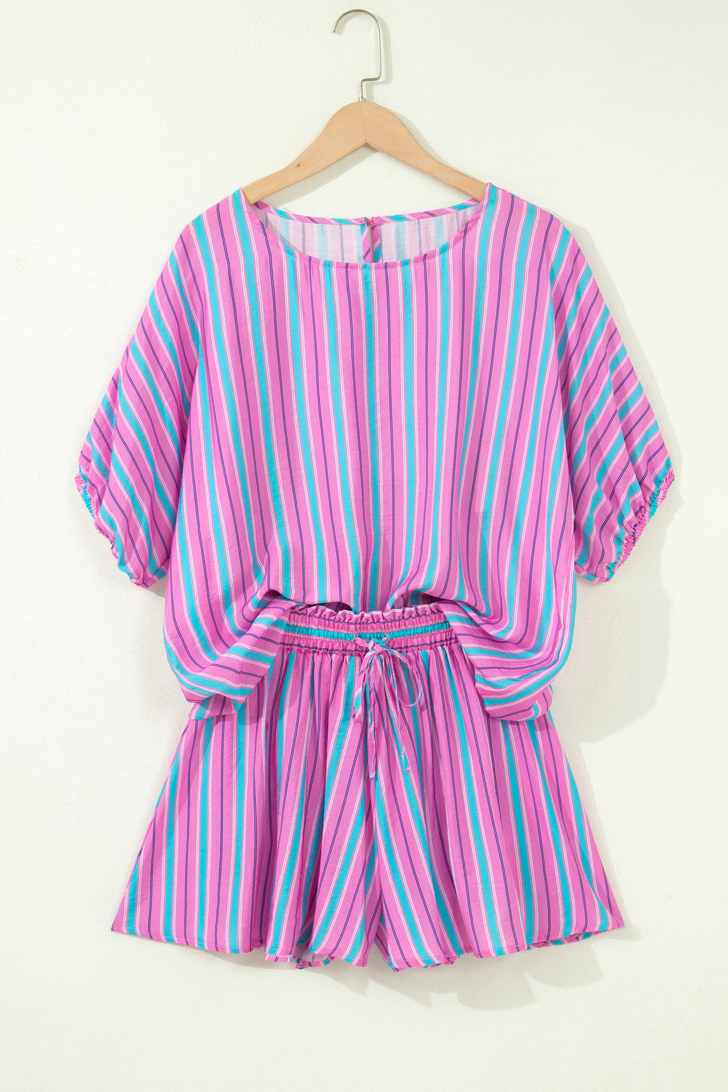 Pink Stripe Dolman Short Sleeve Blouse & Drawstring Loose Shorts Set | UK 8–22