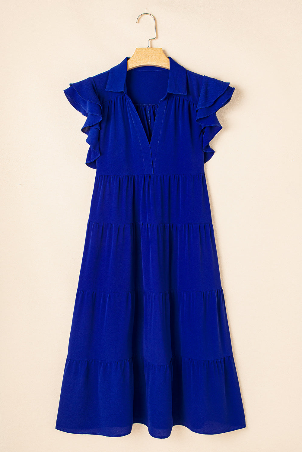 LivelyLooks Blue Ruffle Sleeve V-Neck Tiered Midi Dress Solid Collared S-XL women's fashion