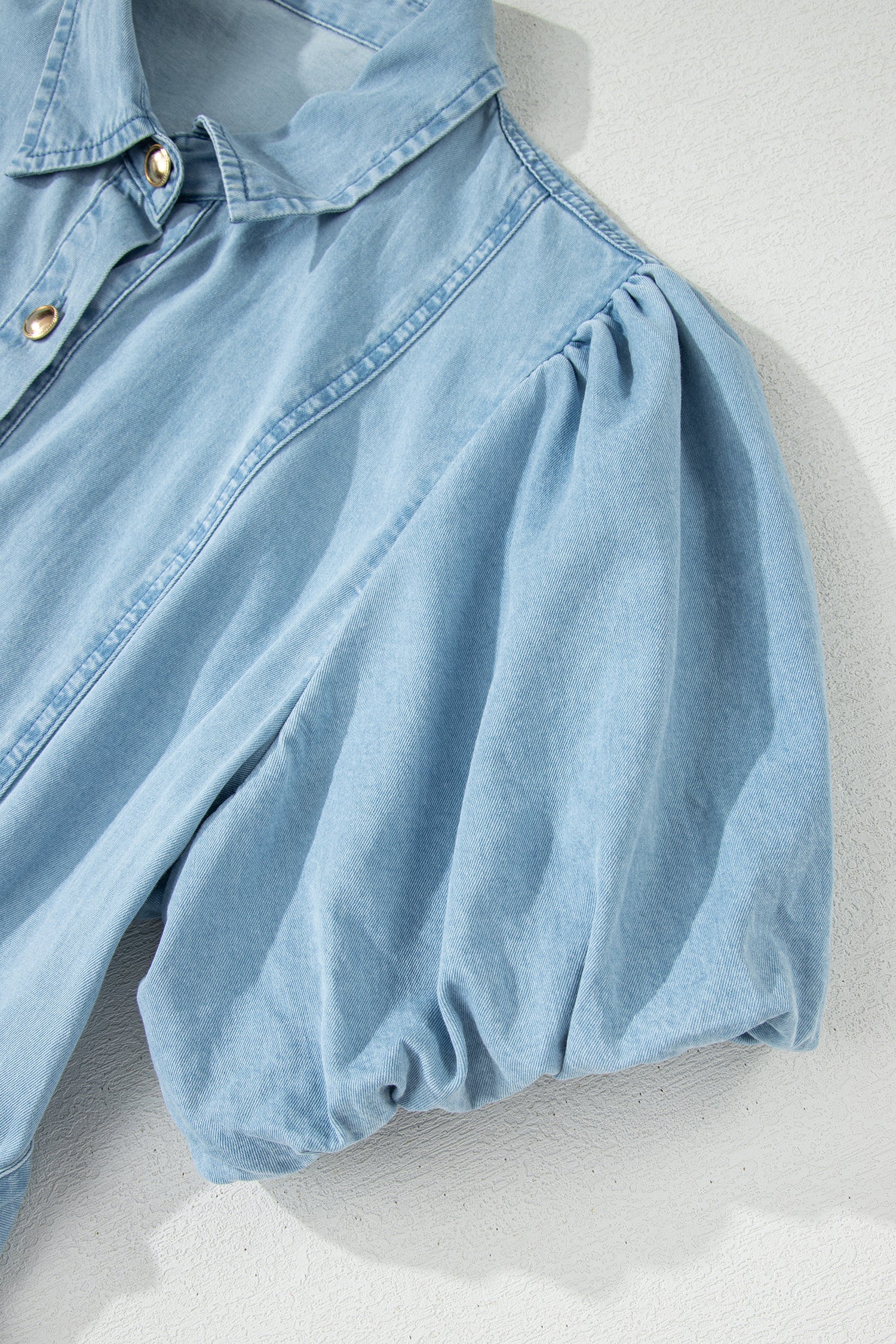 Women's Blue Button-Down Collared Bubble Sleeve Long Denim Dress at LivelyLooks