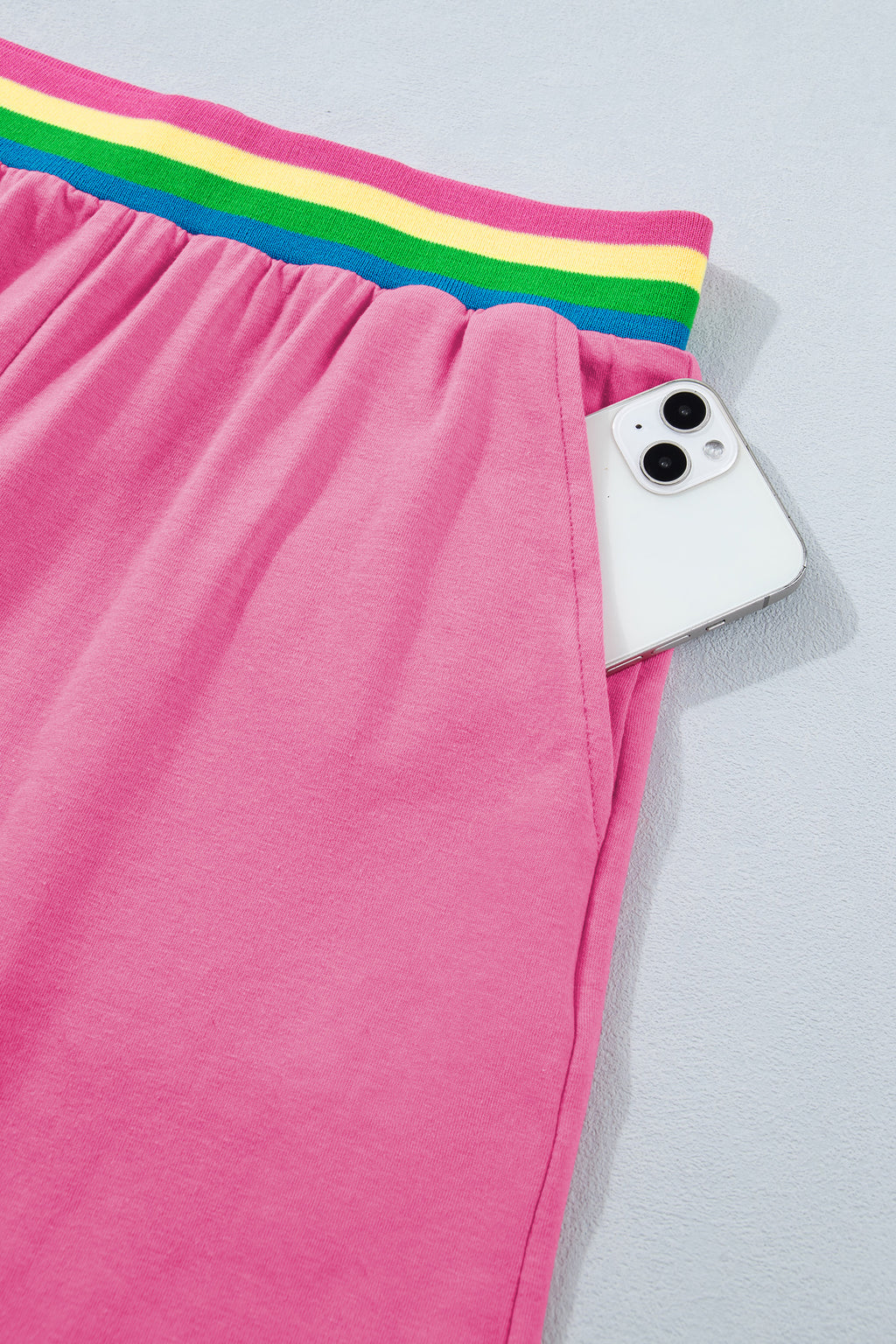 Bright Pink Seam Detail Raw Edge Tee & Rainbow Waistband Shorts Co-ord Set
