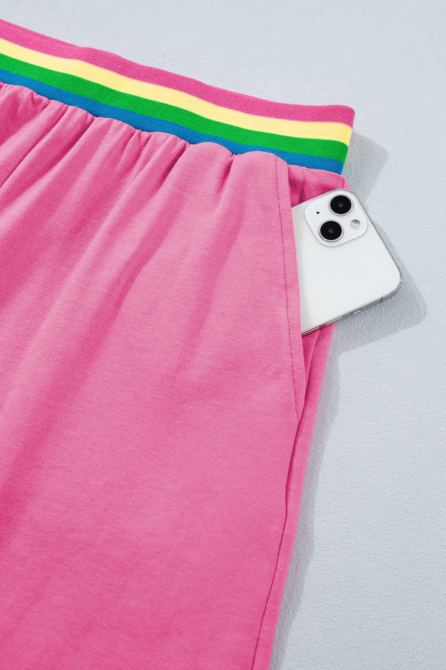 Bright Pink Seam Detail Raw Edge Tee & Rainbow Waistband Shorts Co-ord Set
