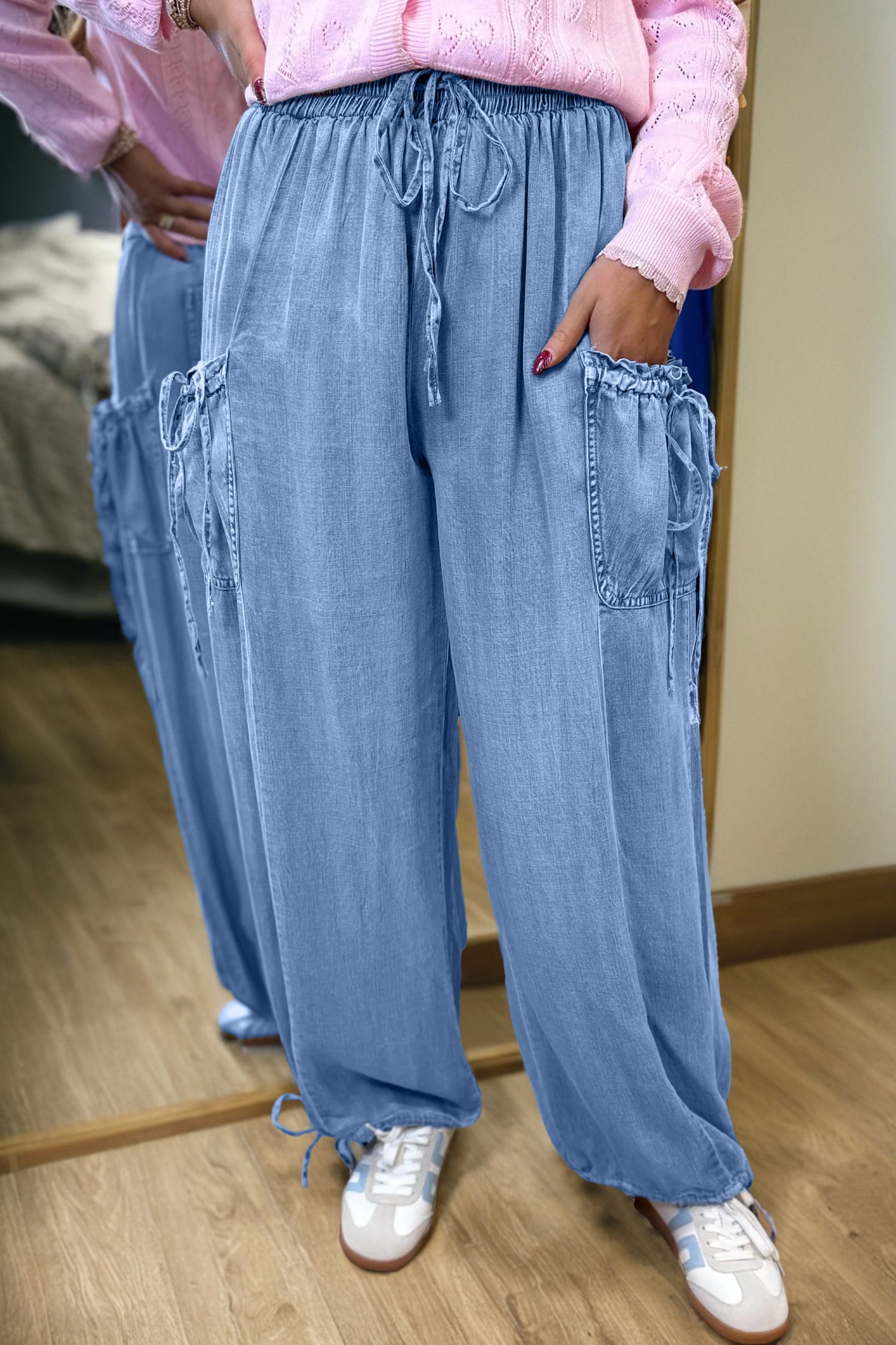 Beau Blue Drawstring Elastic Waist Pocketed Loose Denim Pants | UK 8–18