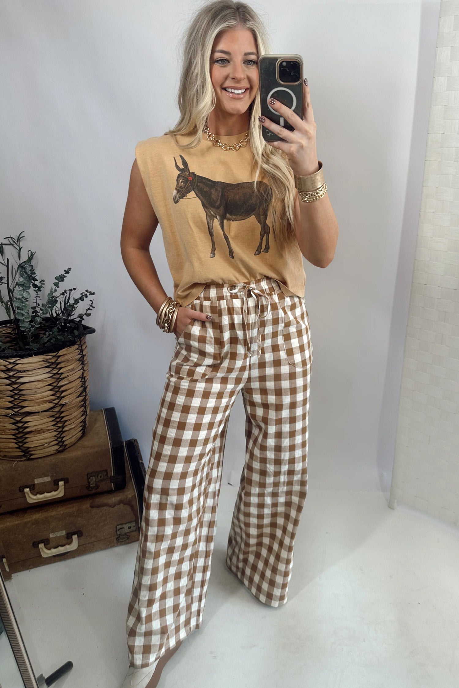 Brown Gingham Plaid Trousers Tie Elastic Waist Casual Shift Pants