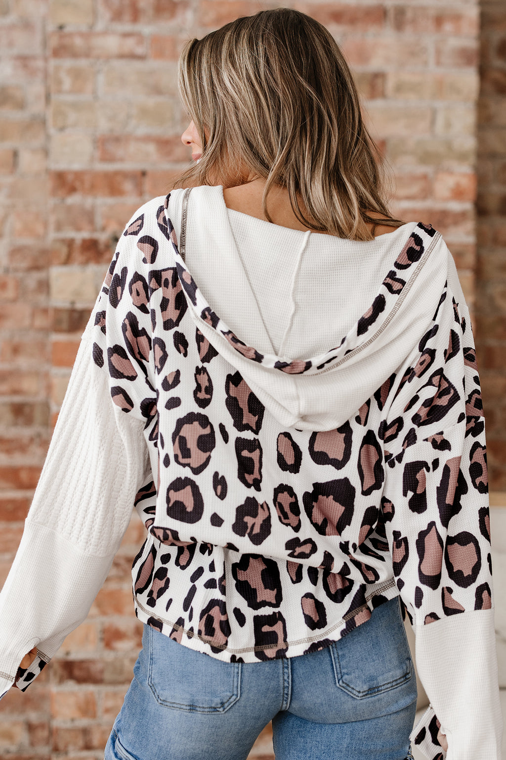 Apricot Leopard Contrast Patchwork Zip Up Drop Shoulder Hoodie