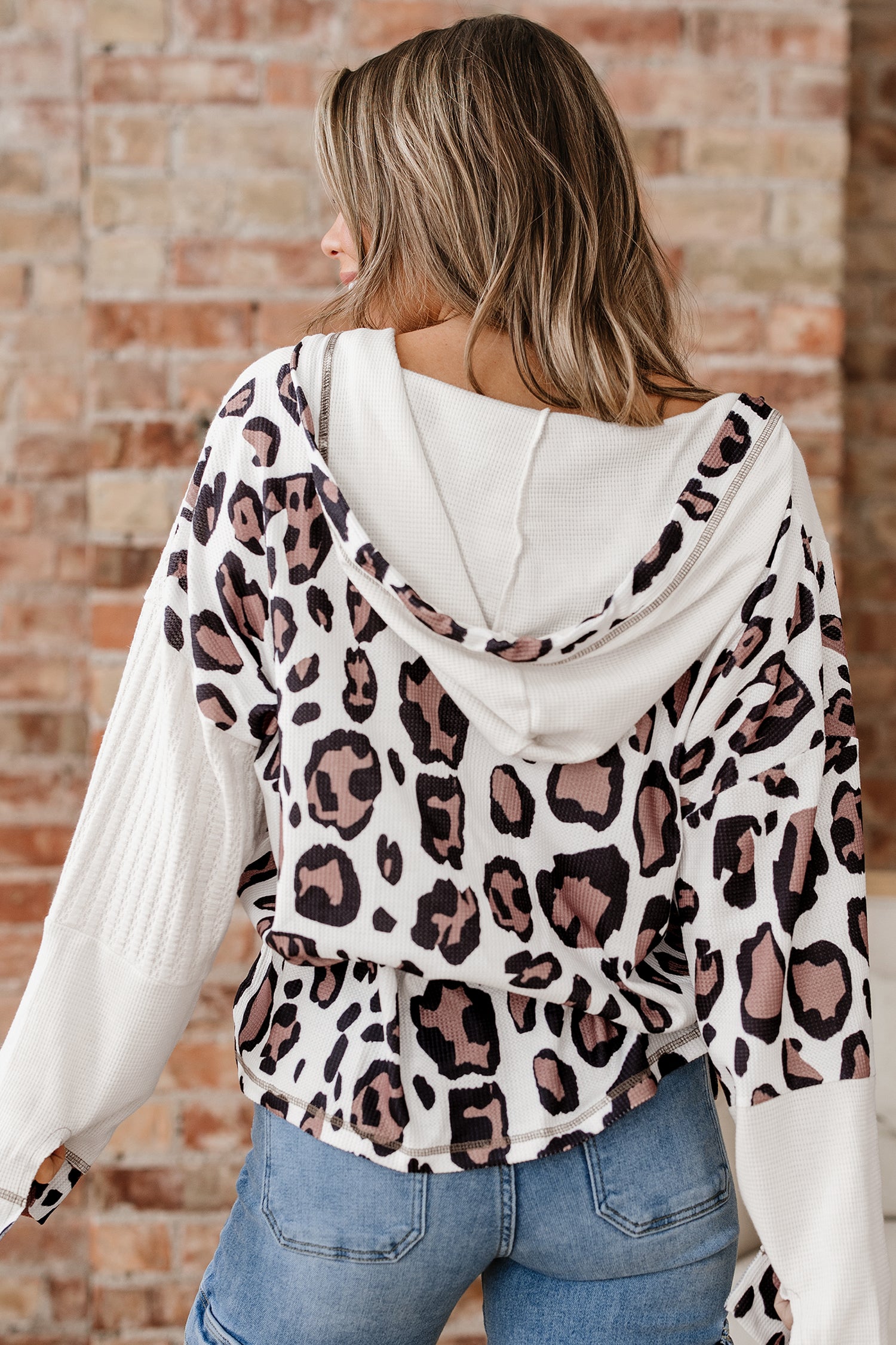 Apricot Leopard Contrast Patchwork Zip Up Drop Shoulder Hoodie