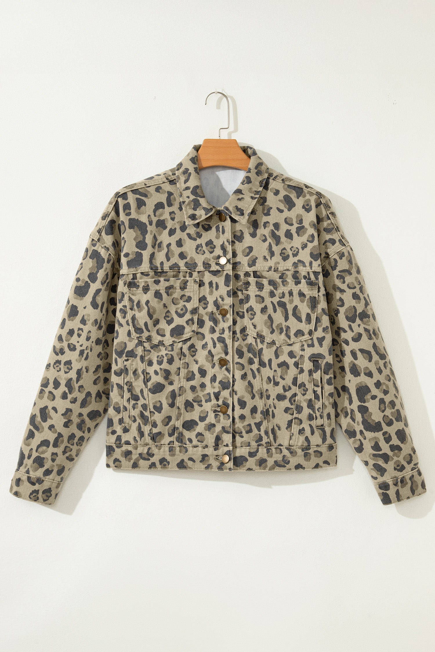 Khaki Retro Leopard Print Seam Detail Button Down Denim Jacket | UK 8–22