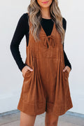 Cinnamon Solid Tie V Neck Sleeveless Corduroy Romper | UK 8–22