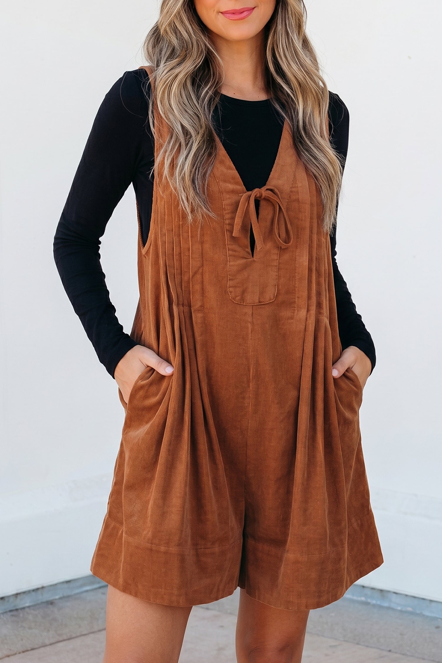 Cinnamon Solid Tie V Neck Sleeveless Corduroy Romper | UK 8–22