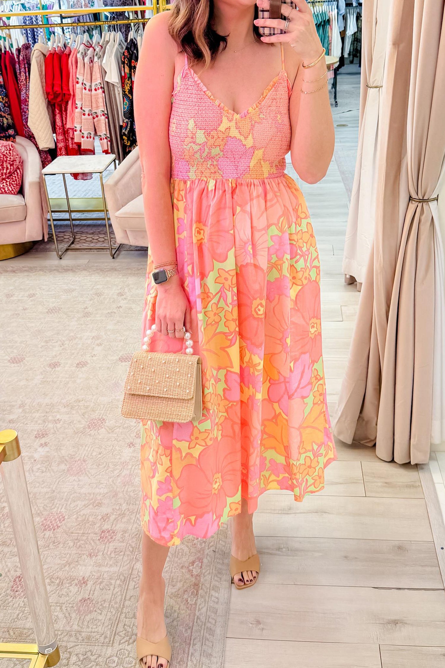 Pink Spaghetti Strap Floral Shirred High Waist Midi Dress S-XL