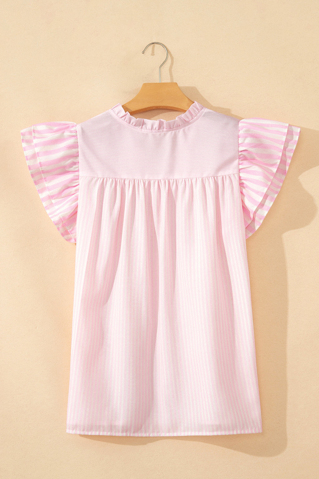 Women's Pink Stripe Contrast Trim V Neck Flutter Sleeve Blouse at LivelyLooks