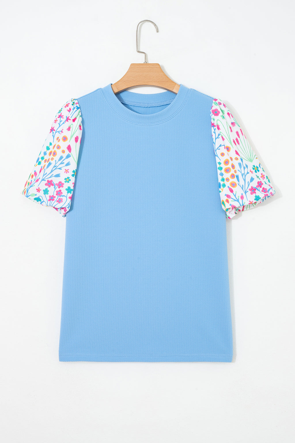 Pink Floral Bubble Sleeve Textured Contrast Round Neck Blouse