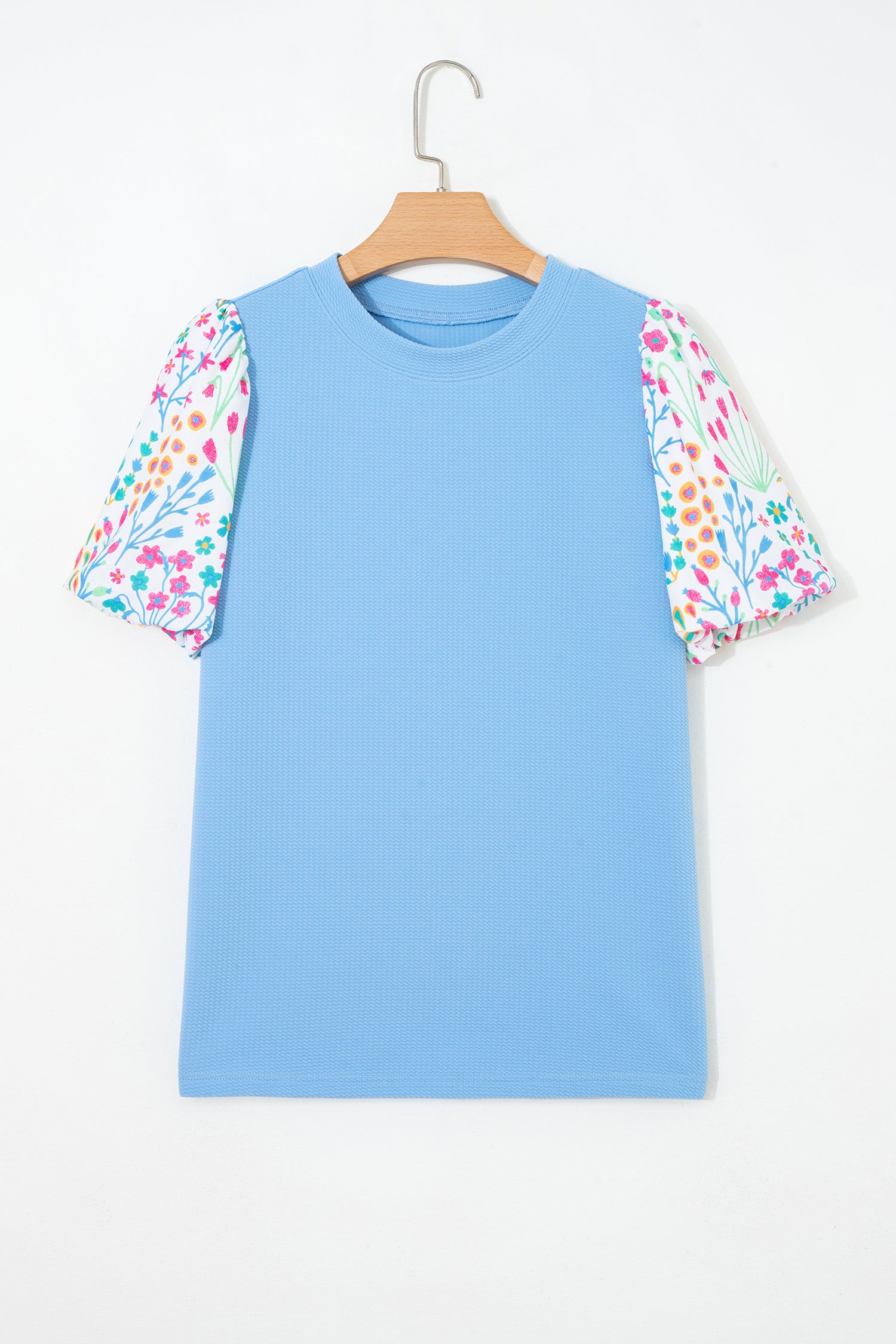 Pink Floral Bubble Sleeve Textured Contrast Round Neck Blouse