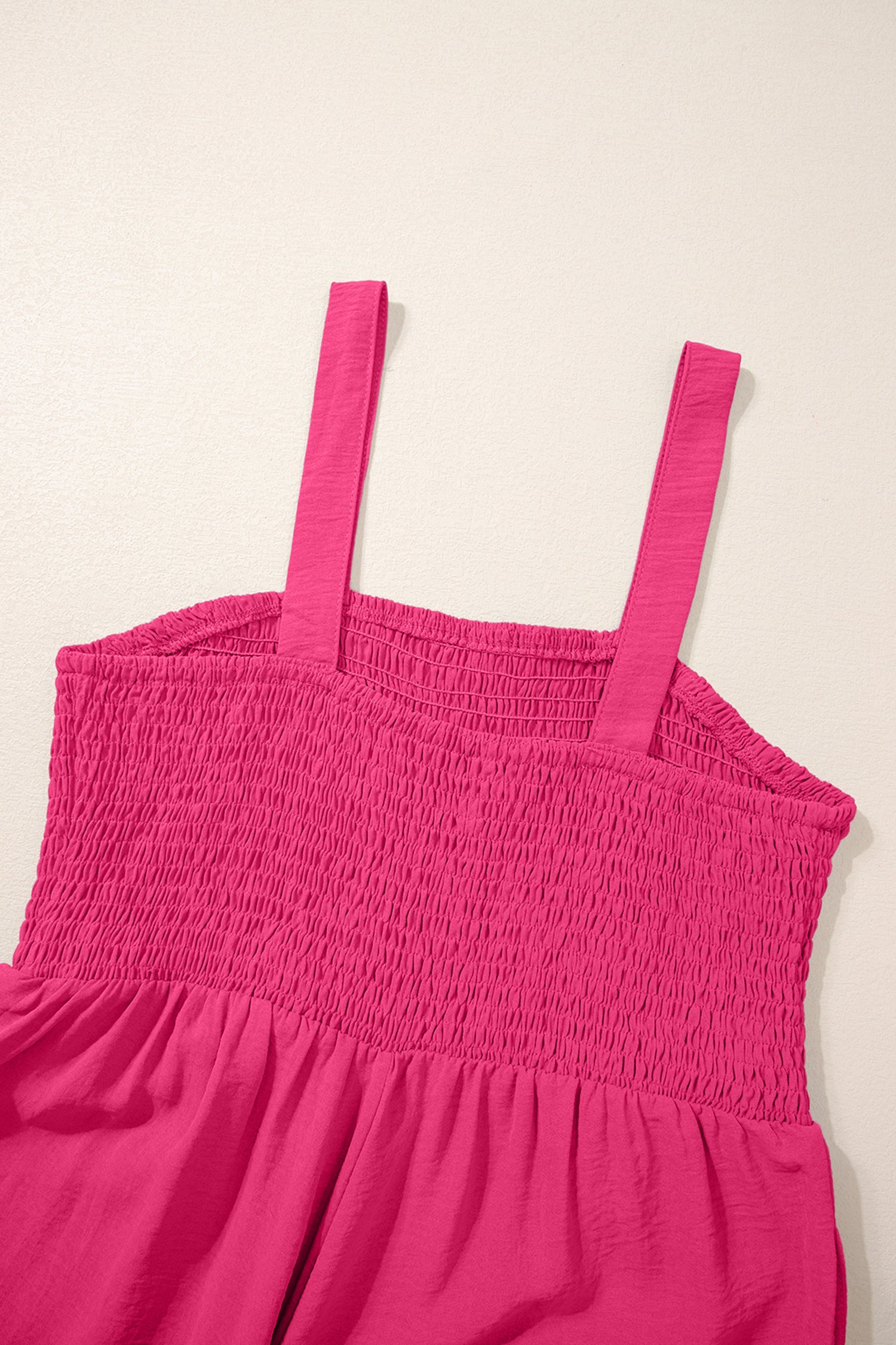 Women's Rose Red Smocked Square Neck Sleeveless Jumpsuit with Pockets at LivelyLooks