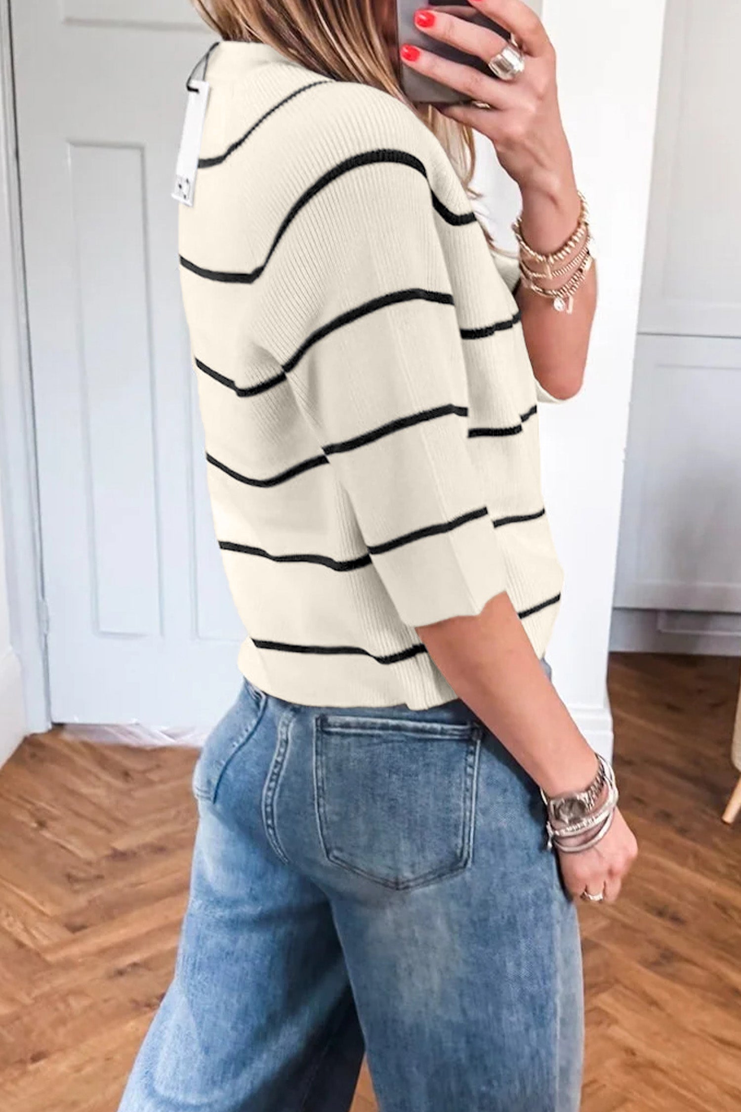 White Stripe Ribbed Knit Half Sleeve Loose Sweater Tee | Sizes S–XL