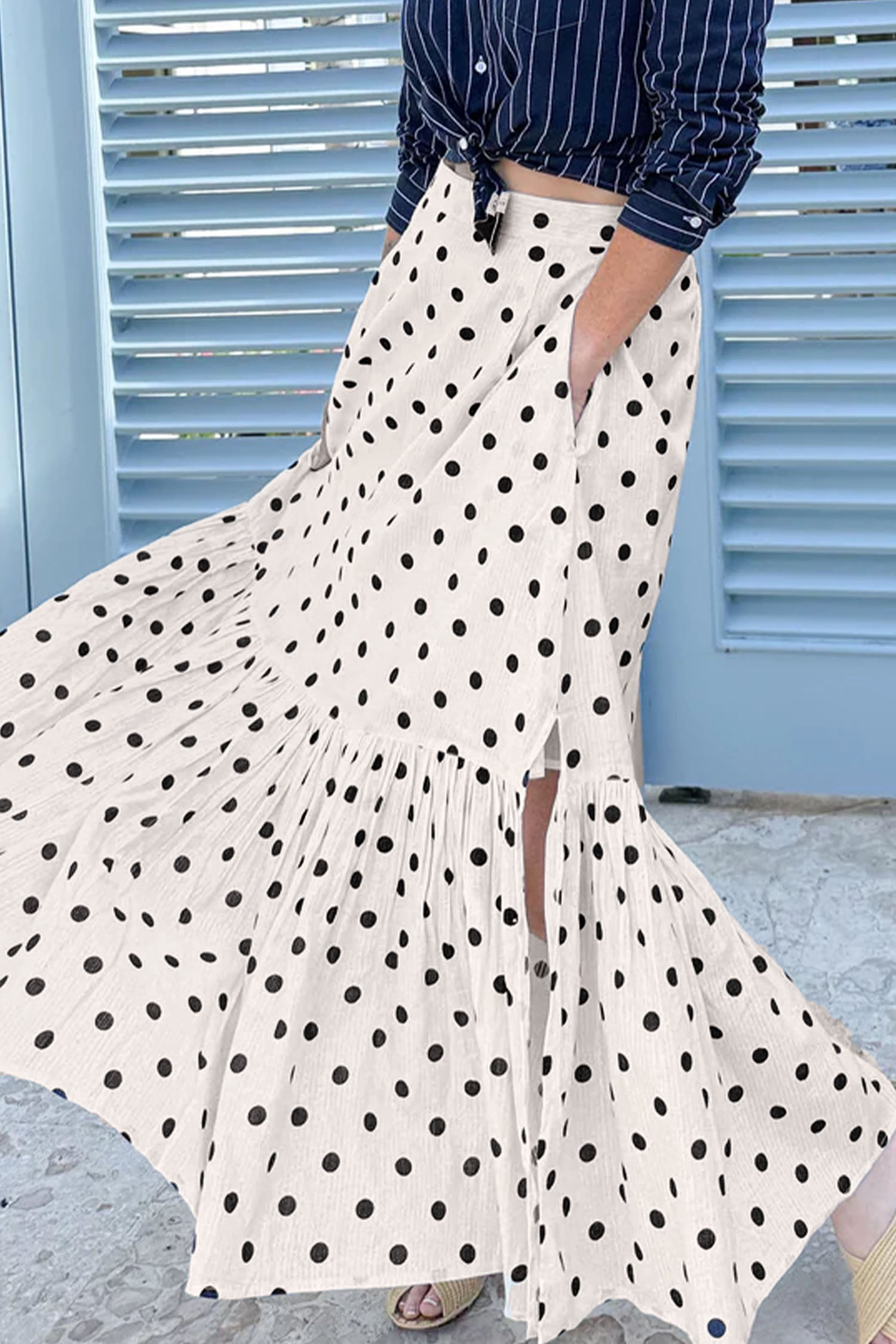 White Polka Dot Ruffle Split Hem Maxi Skirt with Pockets