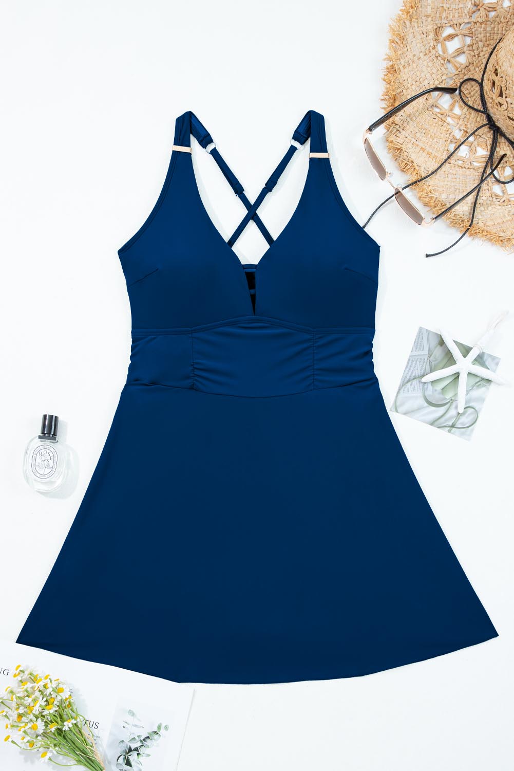 Women's Women Stripe Patchwork Crossed Straps A-Line One Piece Swim Dress Blue Navy S-2XL at LivelyLooks