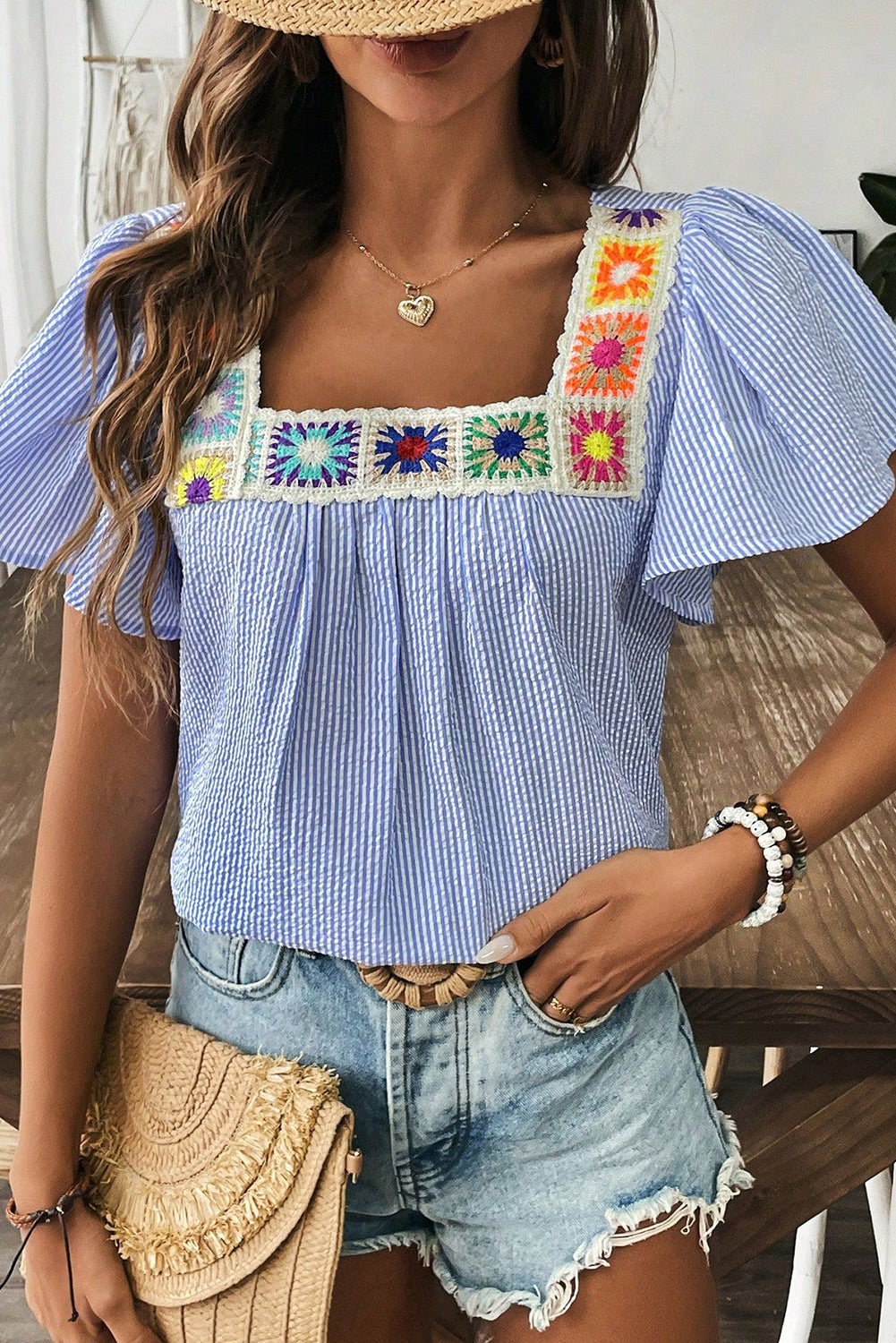 Sky Blue Stripe Ruffle Square Neck Boho Blouse