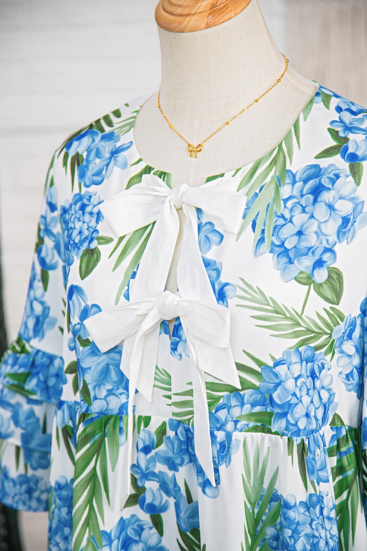 Sky Blue Palm Floral Print Contrast Ribbon Knot Ruffle Sleeve Mini Dress | UK 8–22