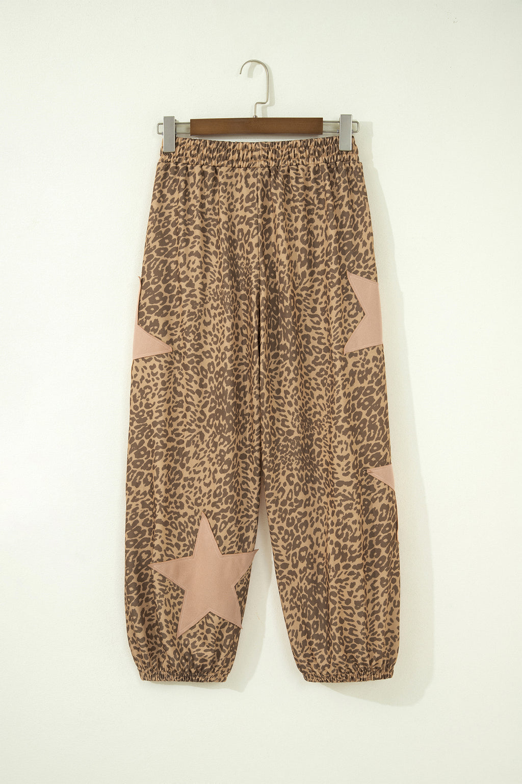 Khaki Leopard Print Jogger Pants Star Patch Drawstring Elastic Waist Women S-XL