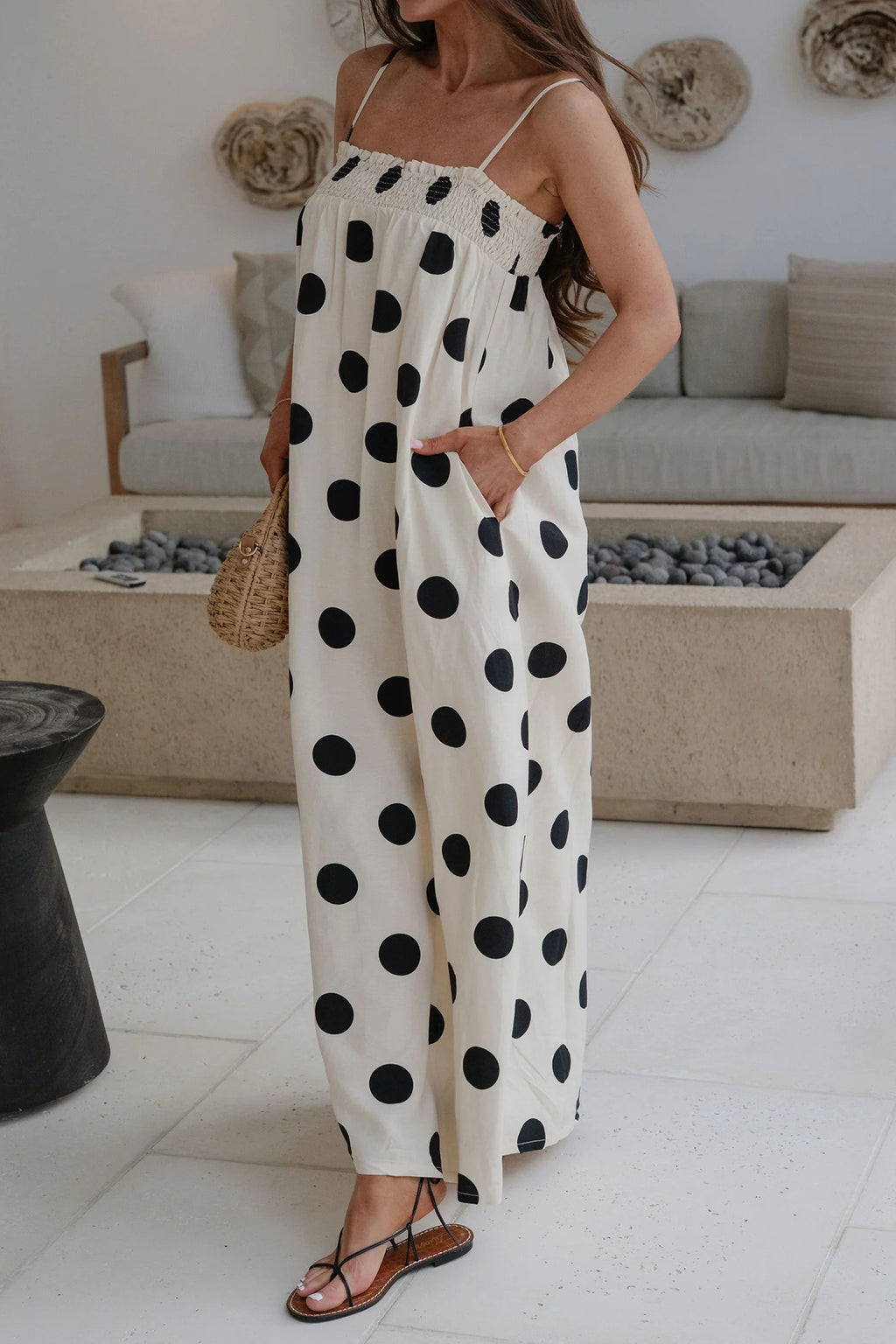 White Polka Dot Maxi Dress Spaghetti Straps Sleeveless Women S-XL