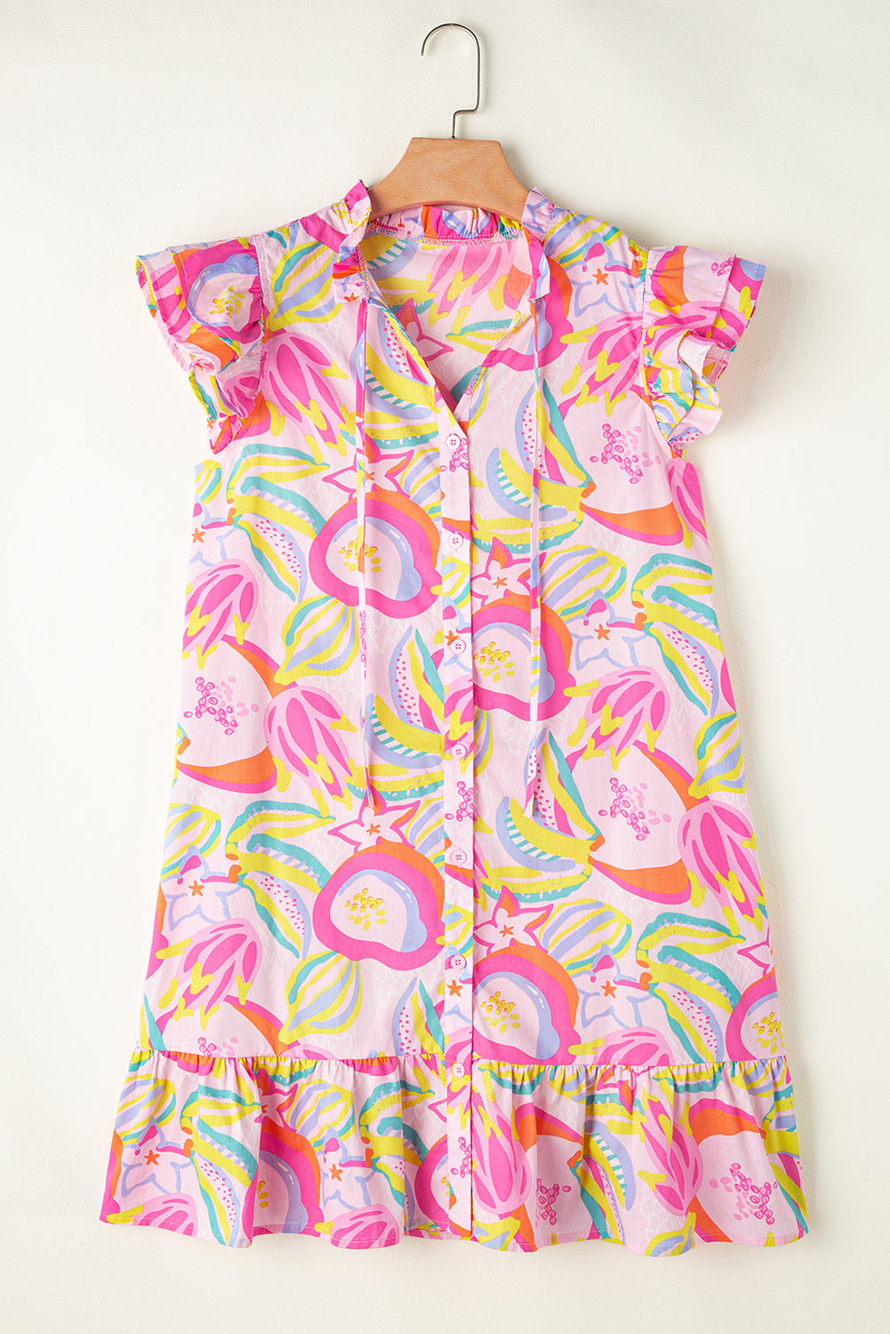 LivelyLooks Floral Ruffle Trim Flutter Sleeve V-Neck Mini Dress Green Pink S-XL women's fashion