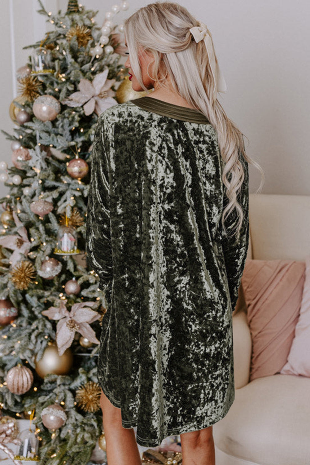Jungle Green Velvet V Neck Long Sleeve Loose Dress with Pockets S-XL