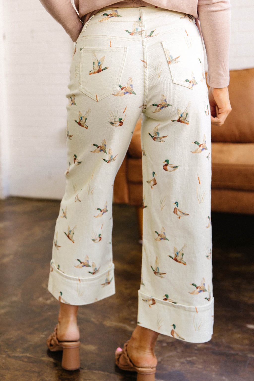 Beige Mallard Print Cuffed Hem Shift Jeans Pockets Elastic UK 4-16