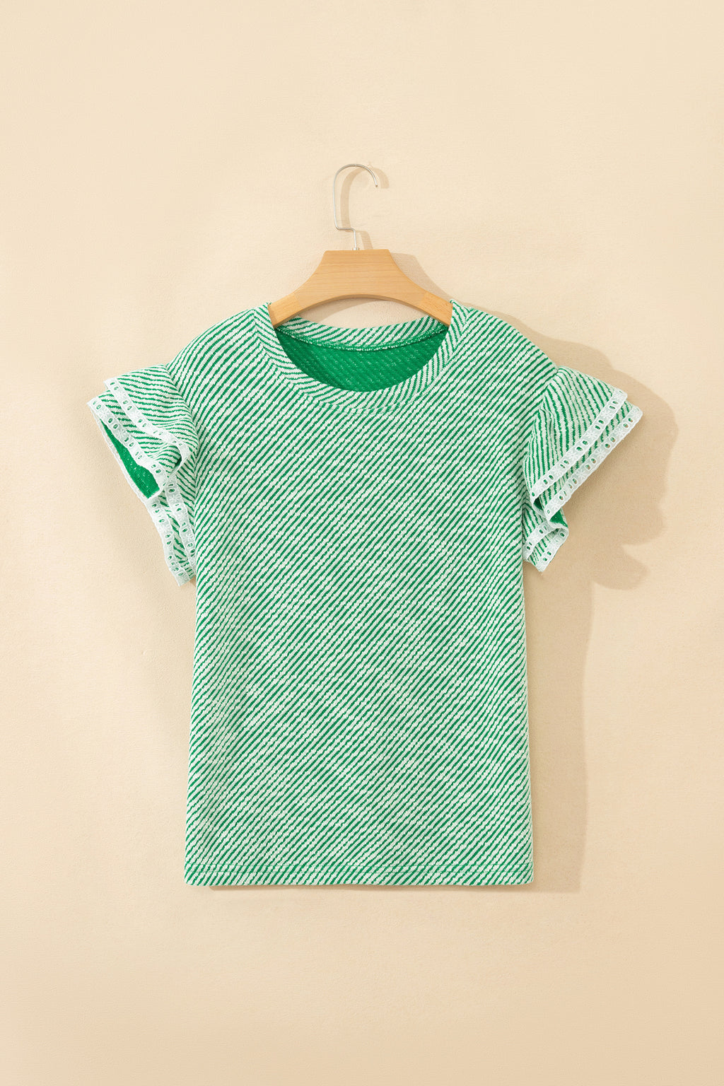 Women's Clearly Aqua Twilled Print Lace Trim Ruffled Short Sleeve Blouse at LivelyLooks
