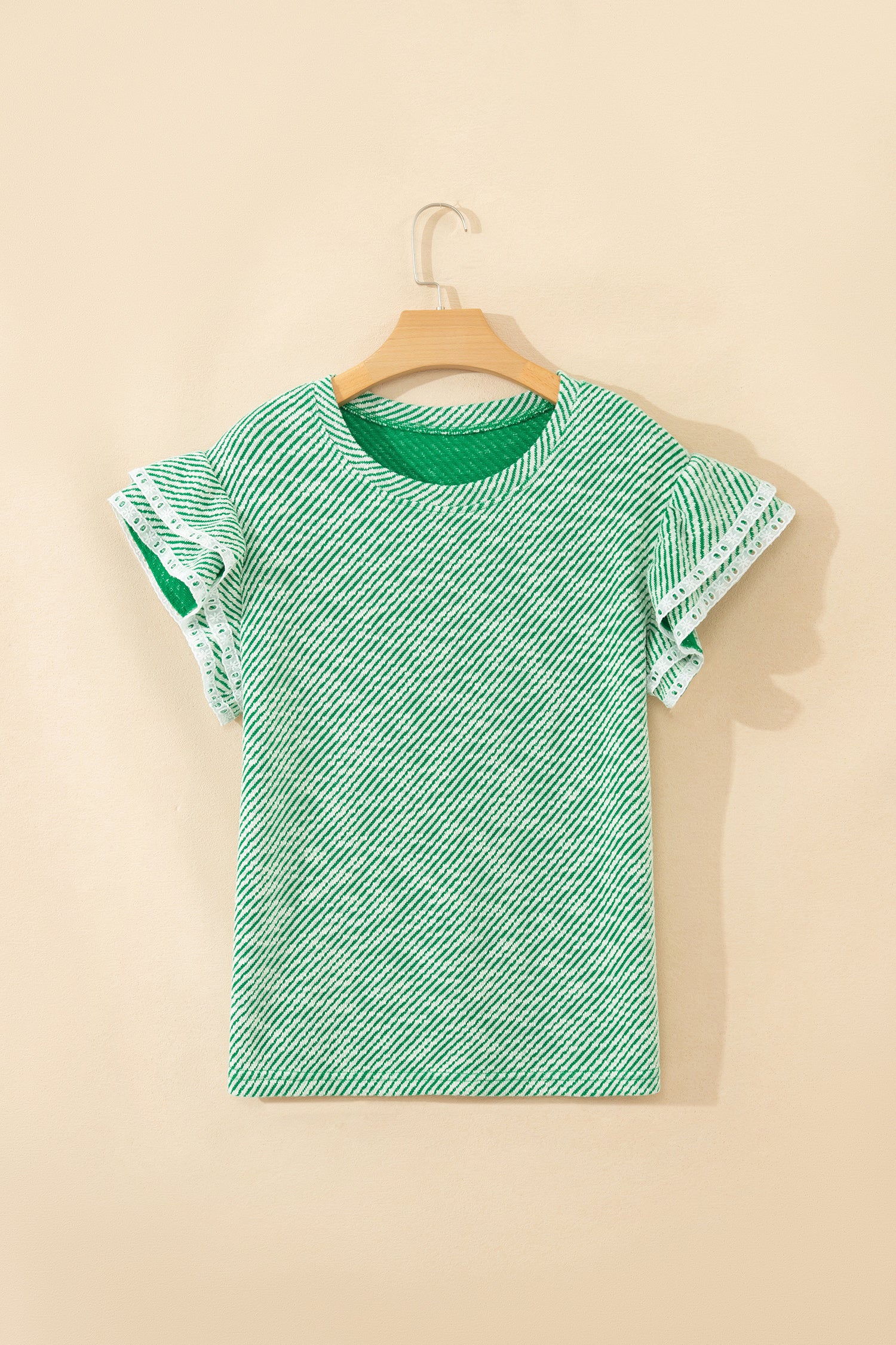 Women's Clearly Aqua Twilled Print Lace Trim Ruffled Short Sleeve Blouse at LivelyLooks