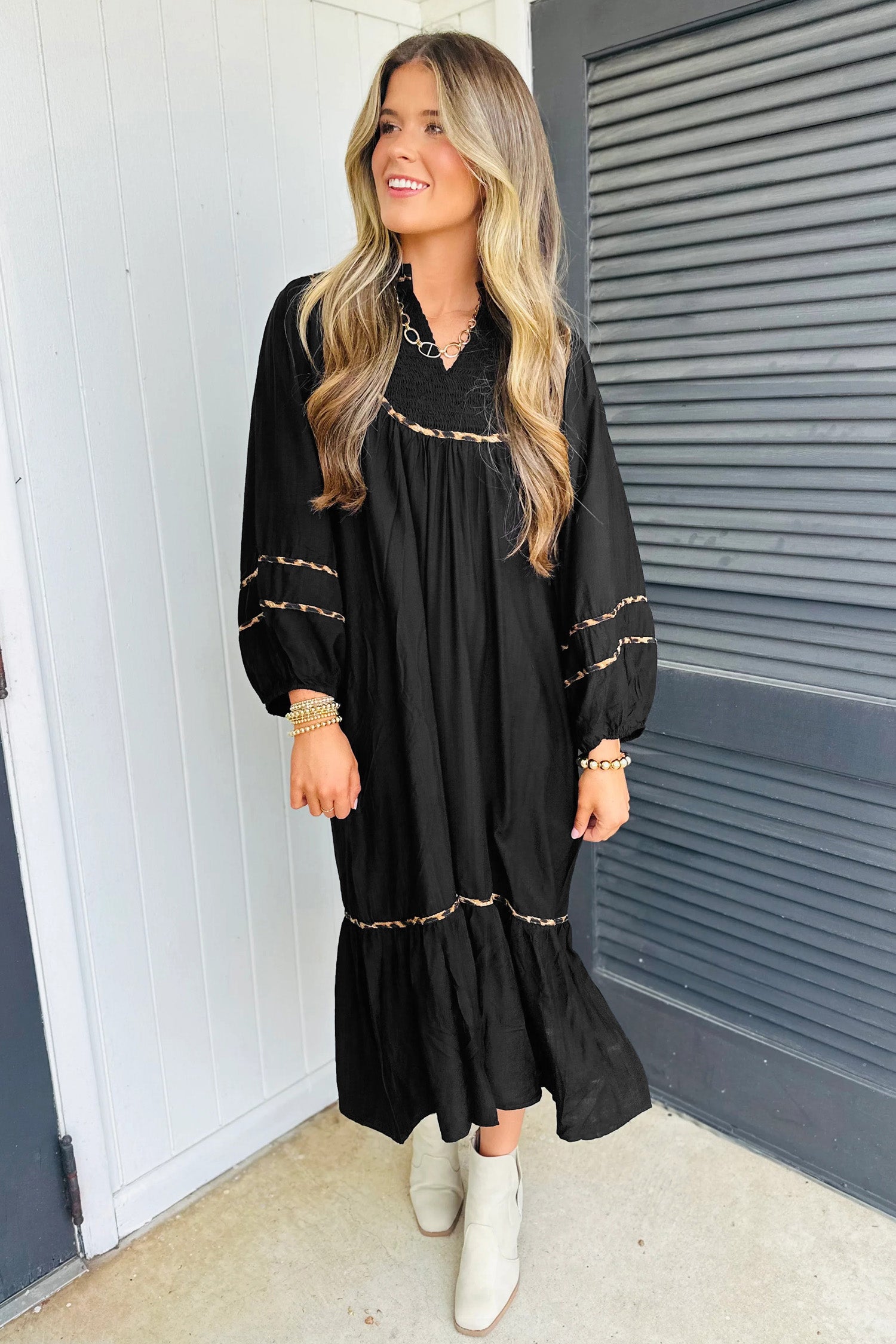 Women's Black Leopard Trim Split Neck Long Sleeve Midi Dress at LivelyLooks