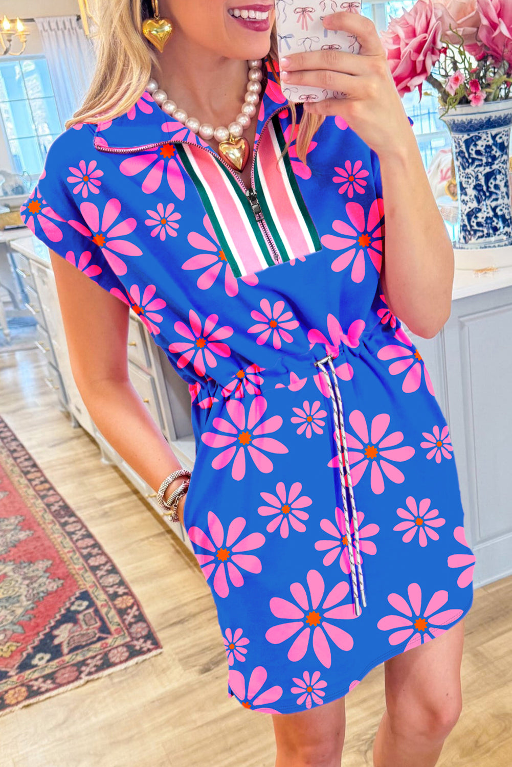 Purple Floral Striped Quarter Zip Cap Sleeve Drawstring Waist Mini Dress S-XL