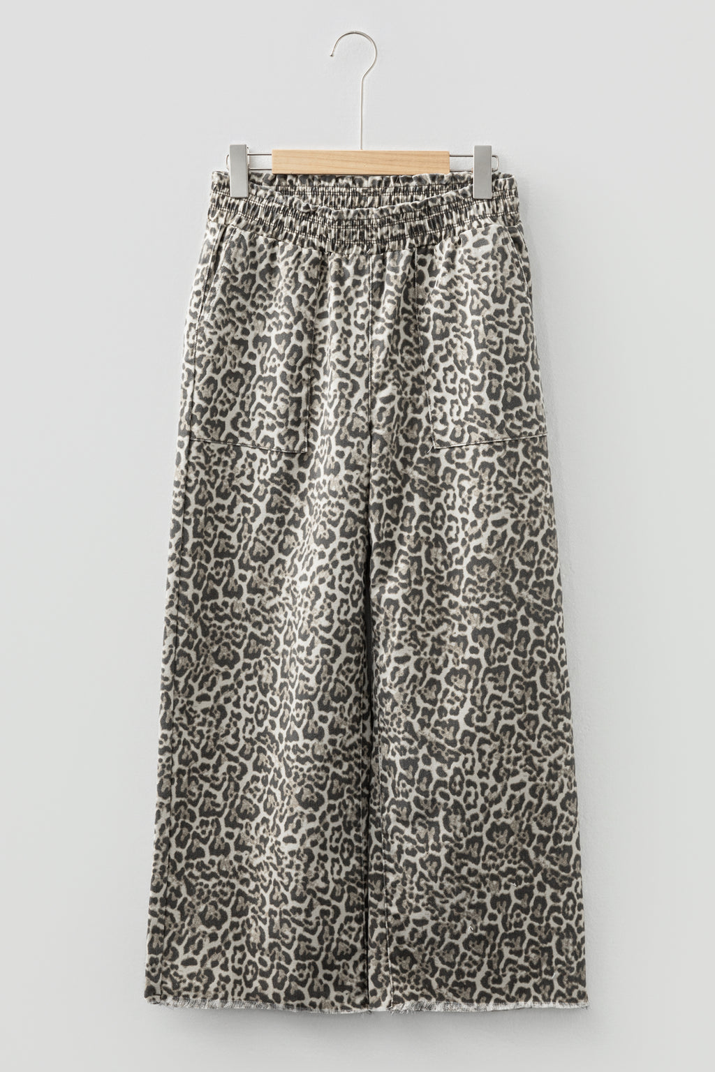 Brown Leopard Print Raw Hem Elastic Waist Wide Leg Jeans