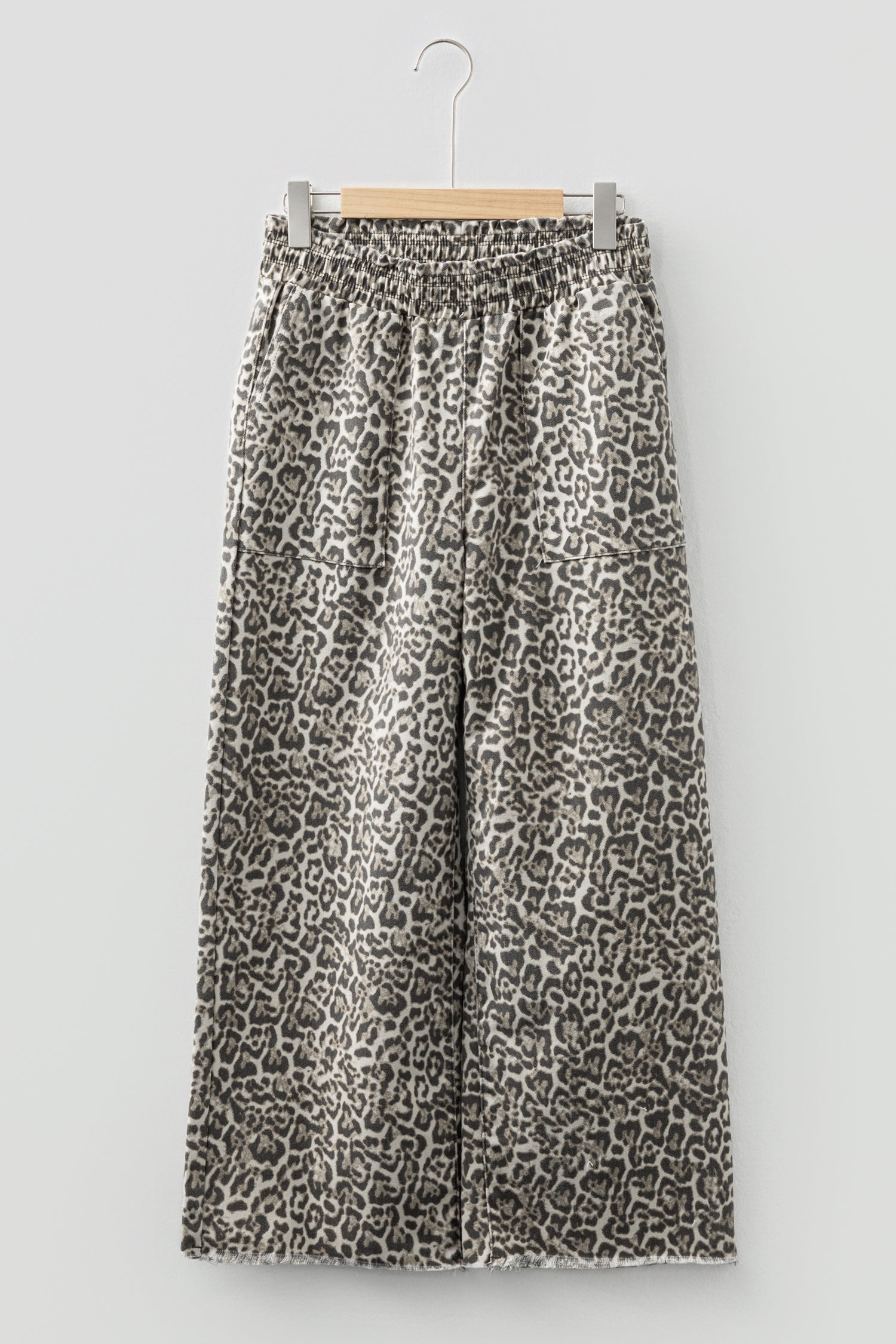 Brown Leopard Print Raw Hem Elastic Waist Wide Leg Jeans
