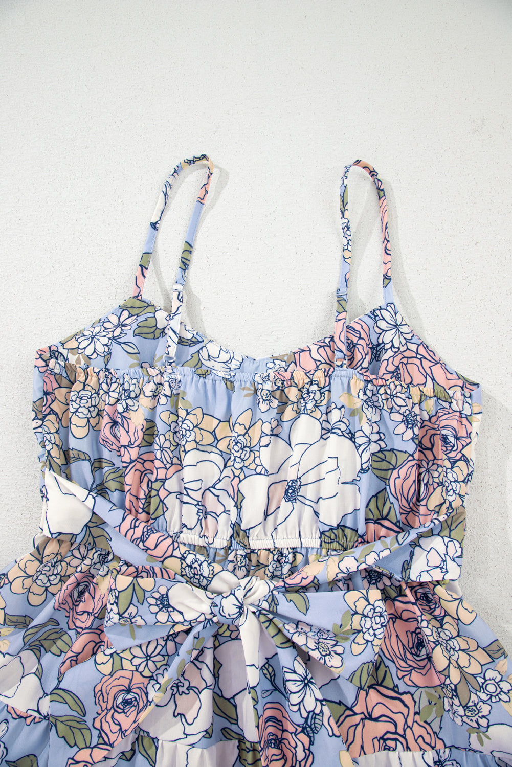 Sky Blue Floral Tiered Patchwork Spaghetti Strap Vacation Dress S-XL