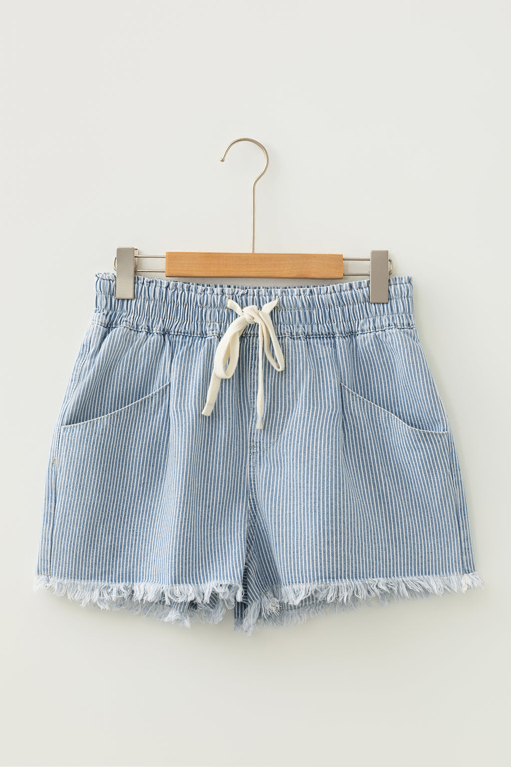 LivelyLooks Sky Blue Stripe Raw Edge Drawstring Elastic Waist Denim Shorts UK 8-20 women's fashion
