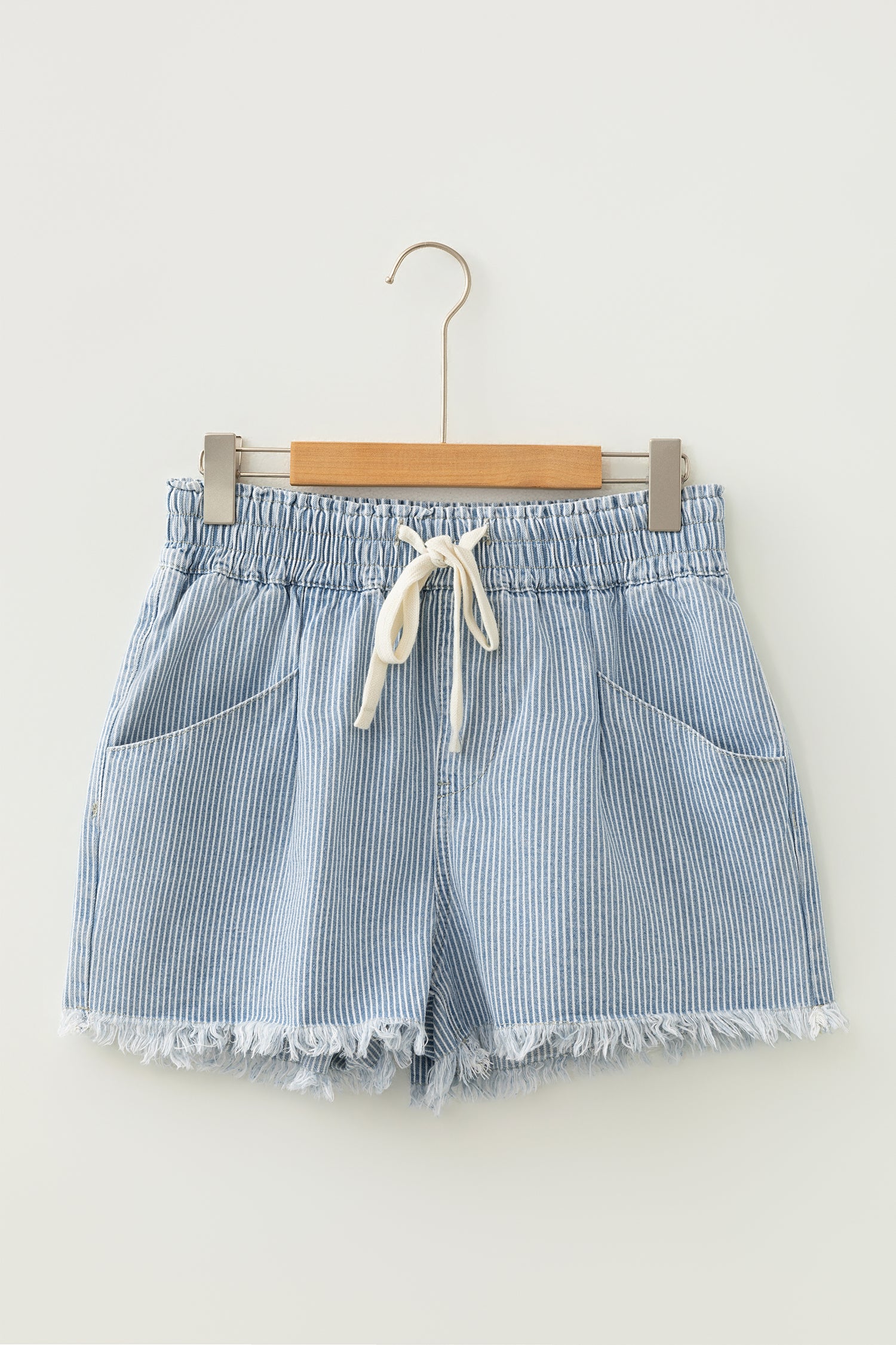 LivelyLooks Sky Blue Stripe Raw Edge Drawstring Elastic Waist Denim Shorts UK 8-20 women's fashion