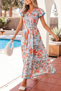 Apricot Floral Print Maxi Dress V Neck Flutter Sleeve Tiered Women S-XL