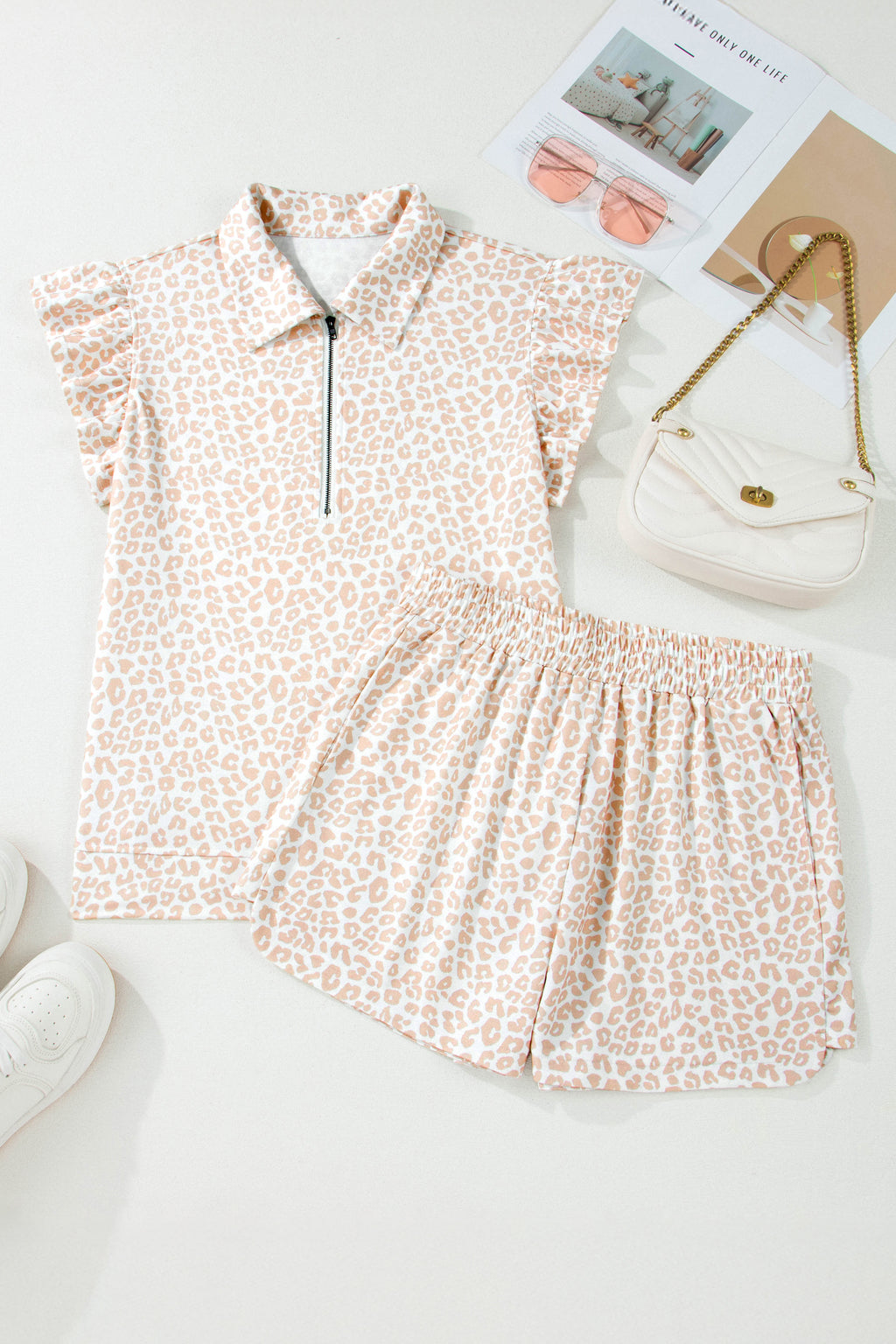 LivelyLooks Beige Leopard Print Zip Polo Top & Shorts Co-ord Set | S-XL women's fashion