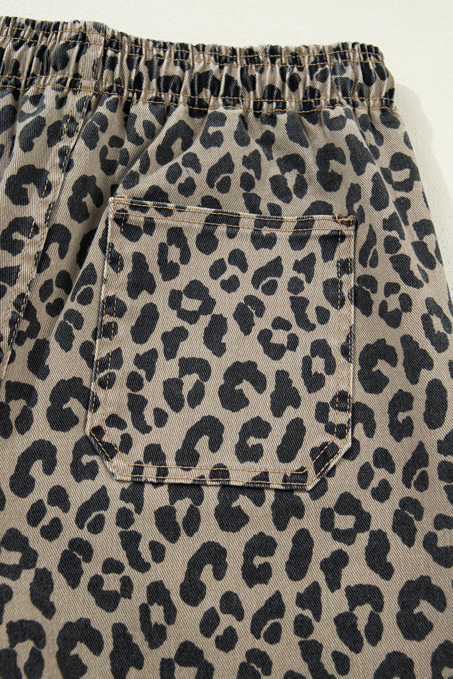 Women's Khaki Leopard Print Loose Denim Jeans Drawstring Elastic Waist UK 4-16