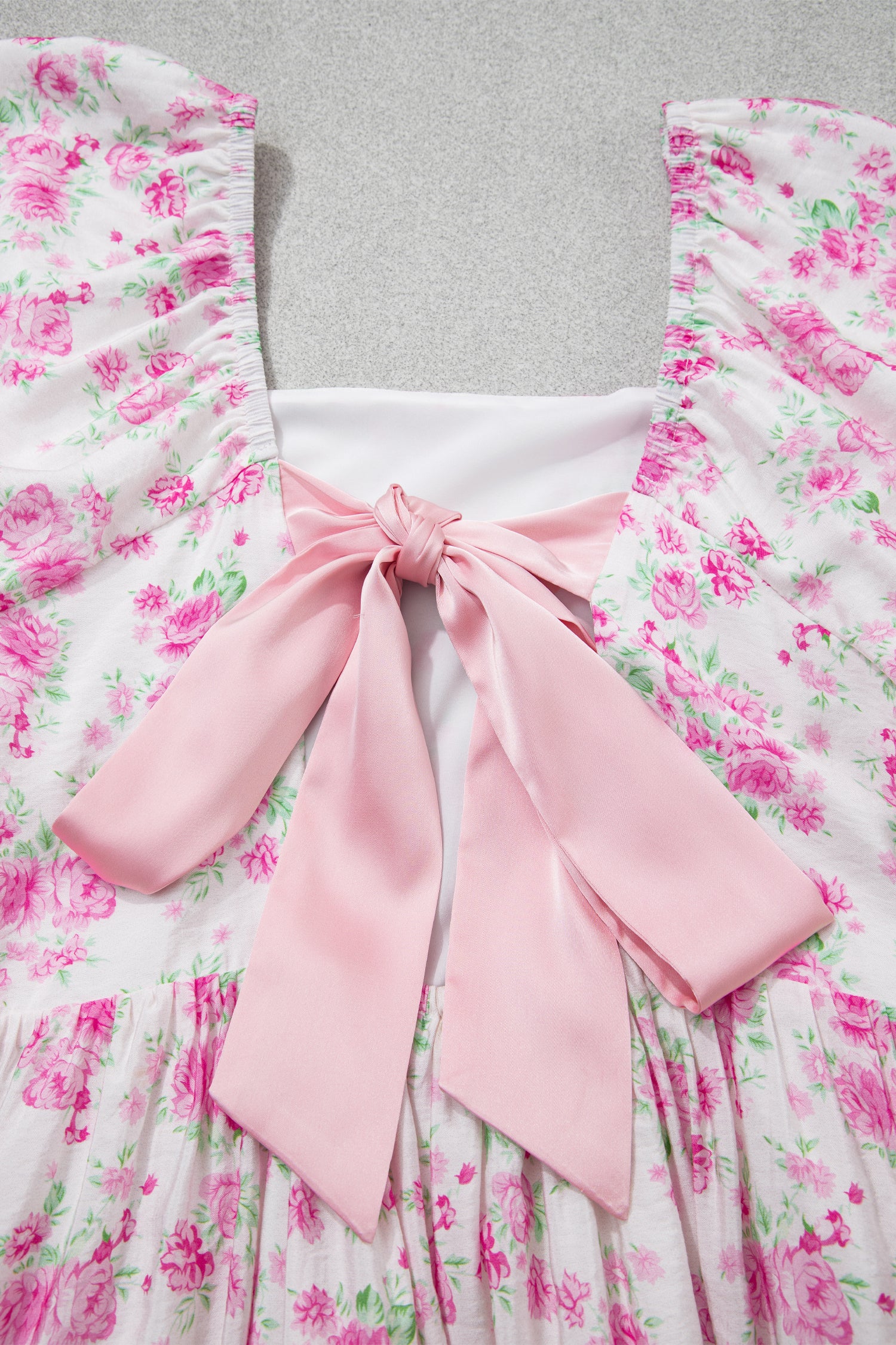 Pink Floral Mini Dress Square Neck Ribbon Knot Back Puff Sleeve Women S-XL