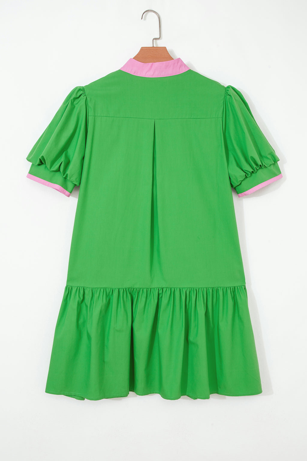 Bright Green Colour Block Mini Dress Split Neck Puff Sleeve Ruffle Hem Women S-XL