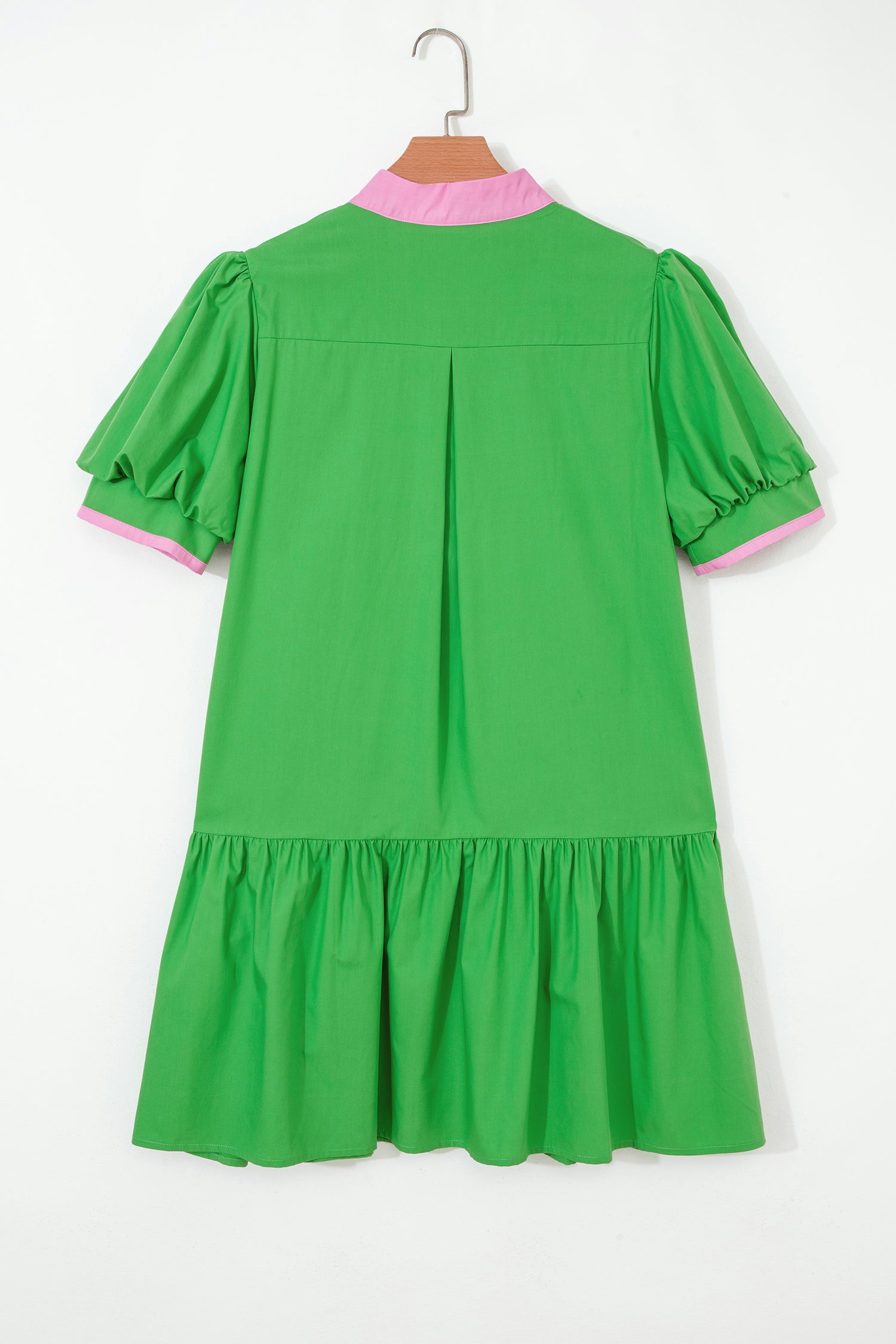 Bright Green Colour Block Mini Dress Split Neck Puff Sleeve Ruffle Hem Women S-XL