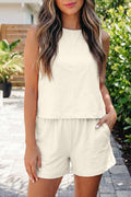 Beige Cotton Tank Top & Shorts Set | Stitched Detail Co-ord