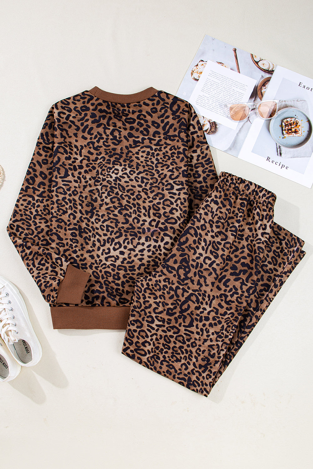 Coffee Leopard Print Contrast Trim Long Sleeve Top & Pants Set | UK 8–22
