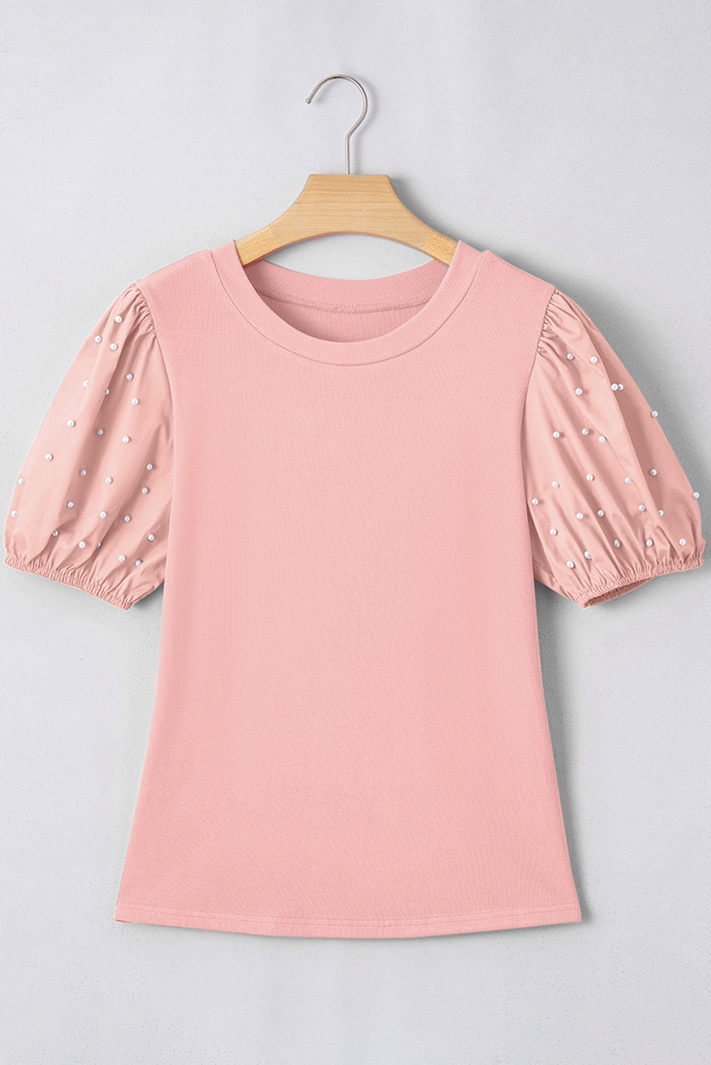 Ribbed Pearl Beaded Puff Sleeve Top