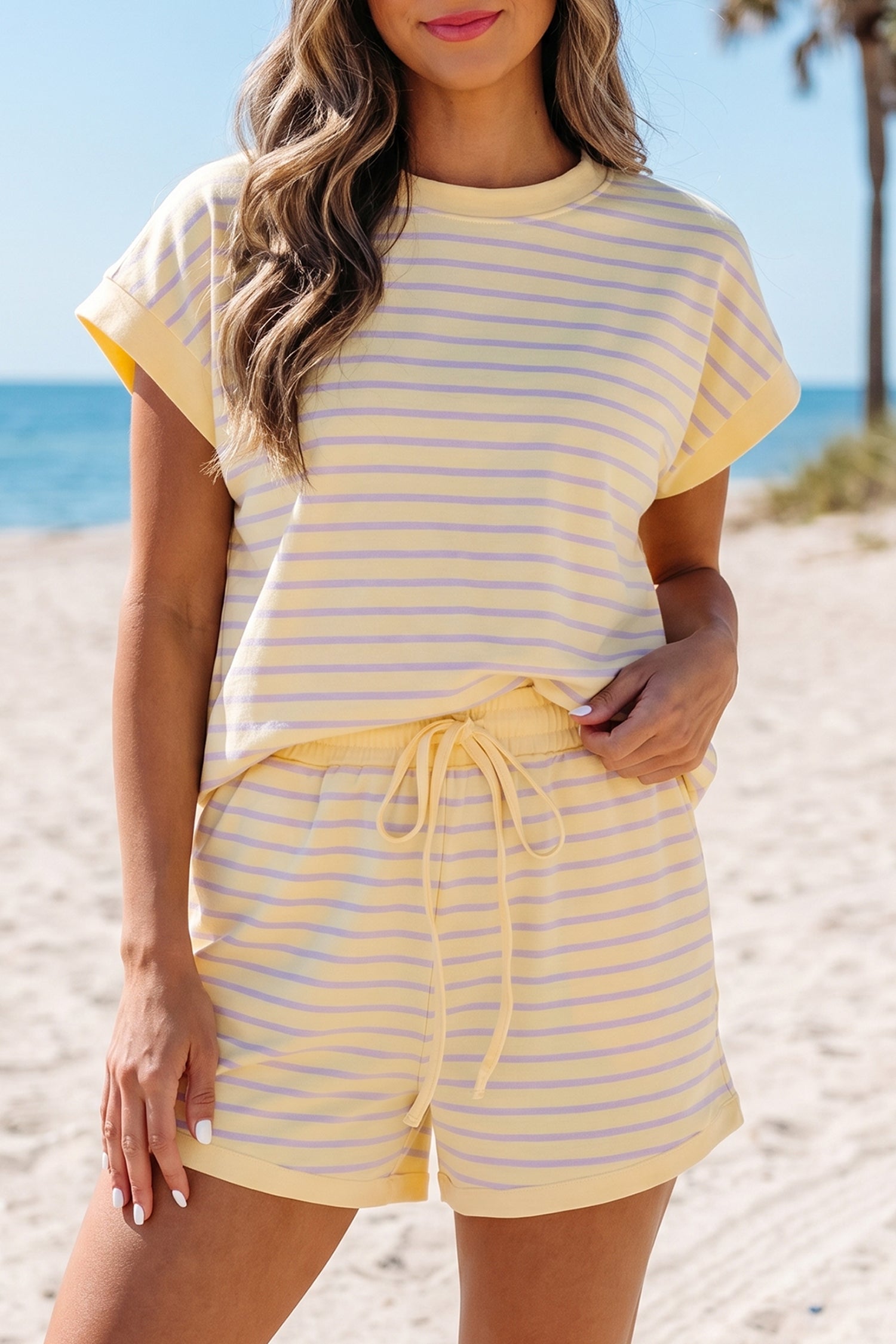 Yellow Stripe Relaxed Tee & Drawstring Shorts Co-ord Set | UK 8–22