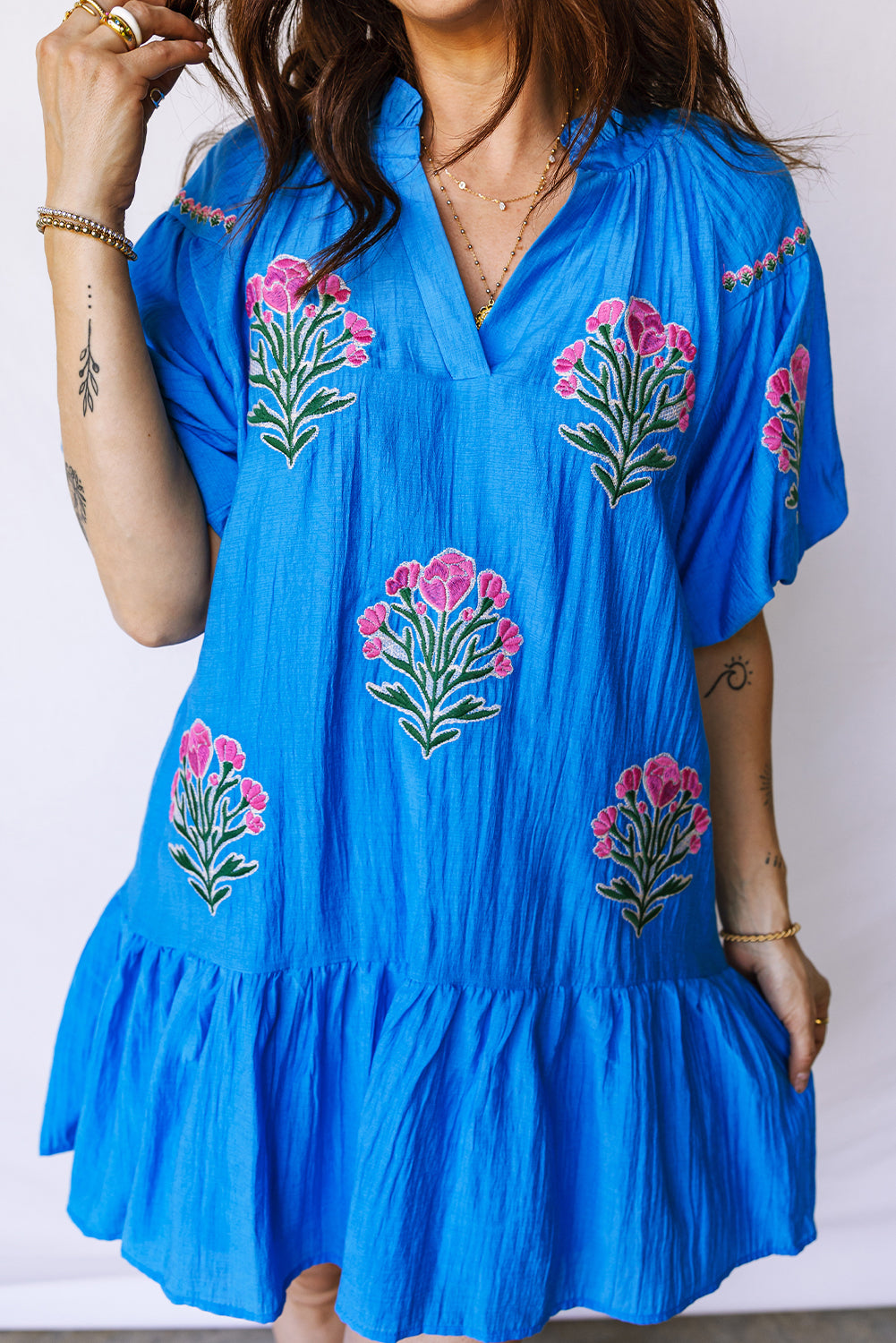 Blue Flower Embroidered Split Neck Puff Sleeve Ruffle Hem Mini Dress S-XL