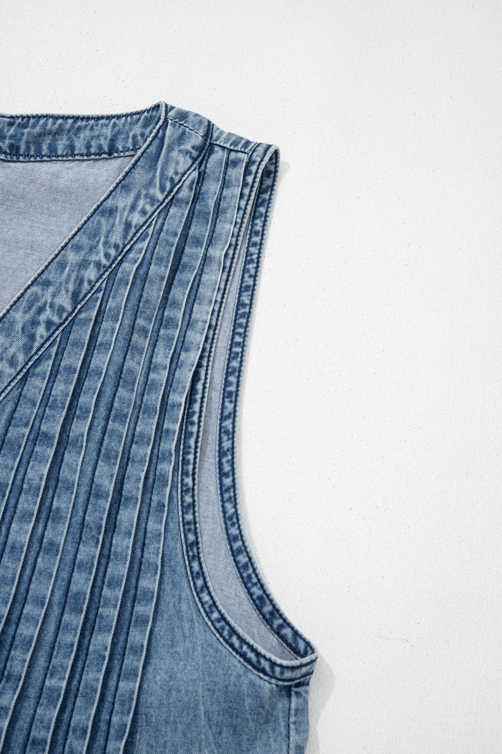 Women's Dusk Blue Acid Wash Pintuck Tie V-Neck Denim Wide-Leg Jumpsuit | S-XL at LivelyLooks