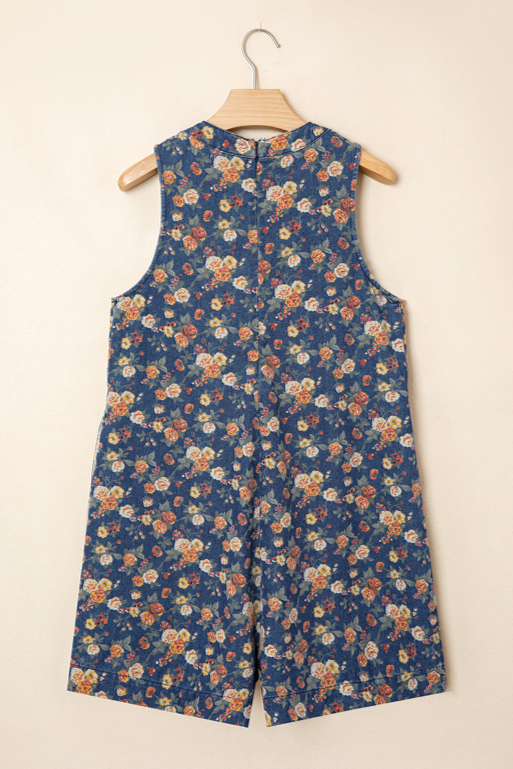 Shop Blue Retro Floral Print Bow Tie V-Neck Pleated Denim Romper at LivelyLooks