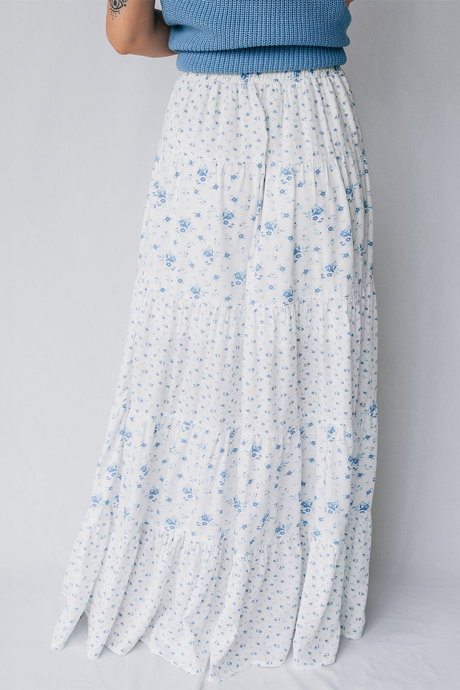 Women's Women's Boho Floral Tiered Maxi Skirt Patchwork Ruffled Elastic Waist White S-XL at LivelyLooks